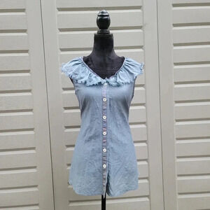 Cazzual Women's Silk Blend Shirt Top Sleeveless Blue Blouse Button Down Collar M